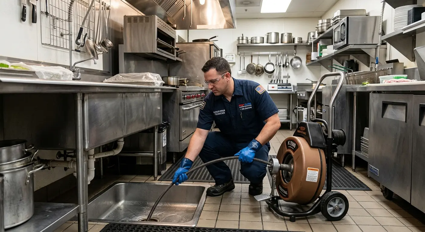 Commercial drain cleaning service in a restaurant kitchen in Elk City
