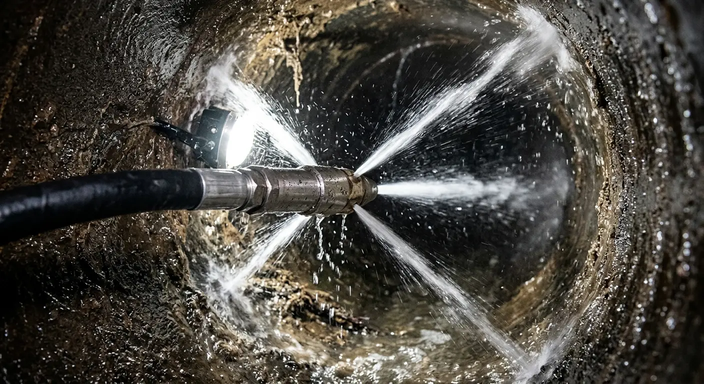 High-pressure hydro jetting nozzle cleaning sewer pipe for Trenchless Sewer Repair in Elk City
