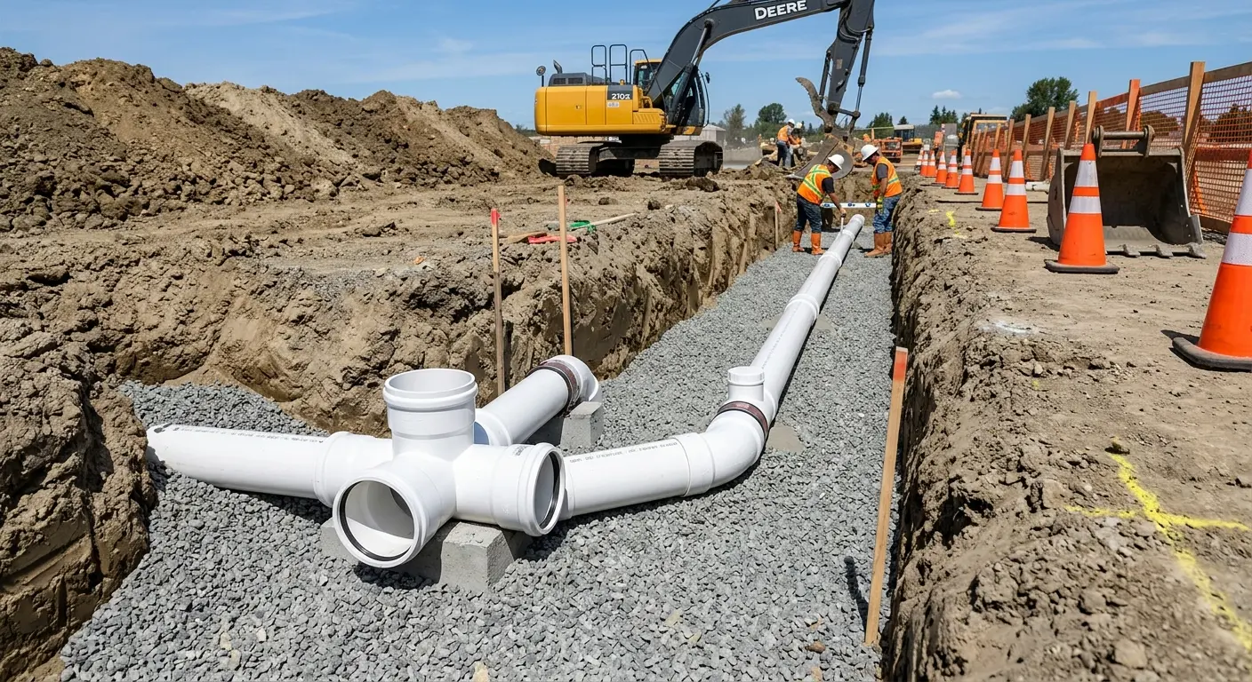 New PVC sewer pipe installation in open trench for Sewer Backup in Elk City