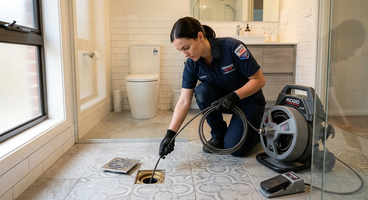 Technician clearing a bathroom floor drain for Drain Cleaning in Elk City
